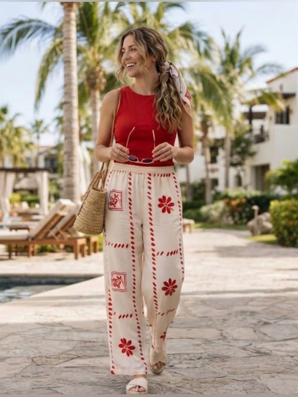 NWOT Commense Cream Wide-Leg Pants with Red Floral Block Print Size XS